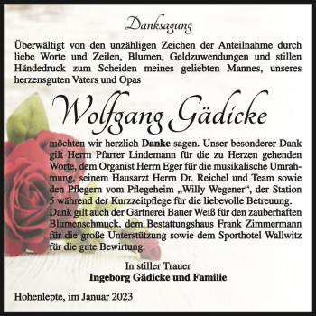 Traueranzeige von Wolfgang Gädicke  von Magdeburger Volksstimme