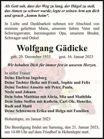 Traueranzeige von Wolfgang Gädicke  von Magdeburger Volksstimme