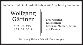 Traueranzeige von Wolfgang Gärtner  von Magdeburger Volksstimme