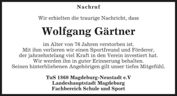 Traueranzeige von Wolfgang Gärtner  von Magdeburger Volksstimme