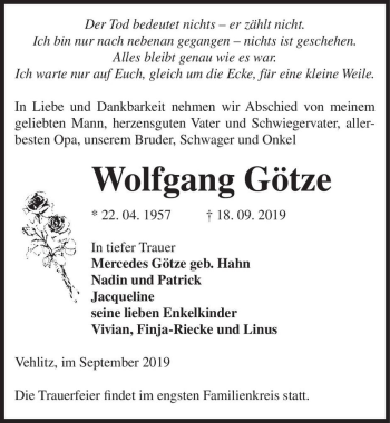 Traueranzeige von Wolfgang Götze  von Magdeburger Volksstimme