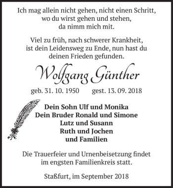 Traueranzeige von Wolfgang Günther  von Magdeburger Volksstimme
