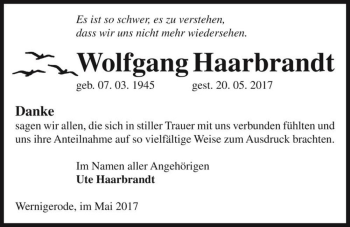 Traueranzeige von Wolfgang Haarbrandt  von Magdeburger Volksstimme
