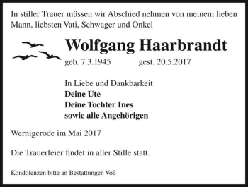 Traueranzeige von Wolfgang Haarbrandt  von Magdeburger Volksstimme