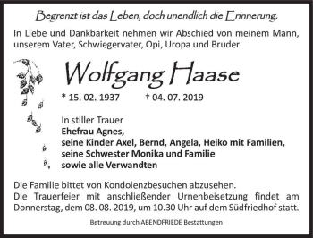 Traueranzeige von Wolfgang Haase  von Magdeburger Volksstimme