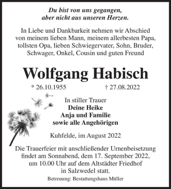 Traueranzeige von Wolfgang Habisch  von Magdeburger Volksstimme