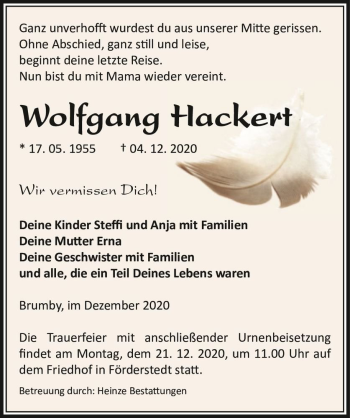 Traueranzeige von Wolfgang Hackert  von Magdeburger Volksstimme