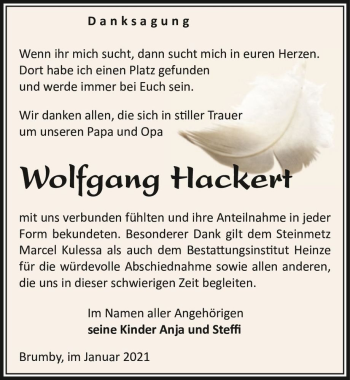 Traueranzeige von Wolfgang Hackert  von Magdeburger Volksstimme
