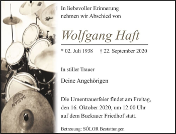 Traueranzeige von Wolfgang Haft  von Magdeburger Volksstimme