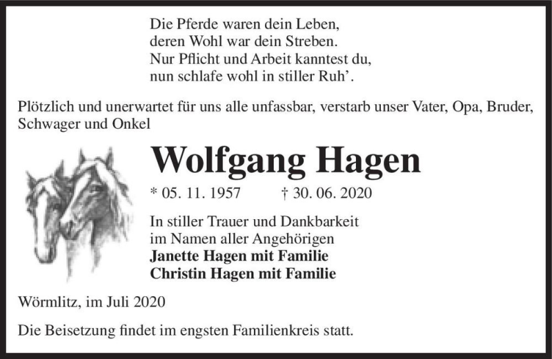 Traueranzeige für Wolfgang Hagen  vom 11.07.2020 aus Magdeburger Volksstimme