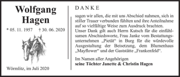 Traueranzeige von Wolfgang Hagen  von Magdeburger Volksstimme
