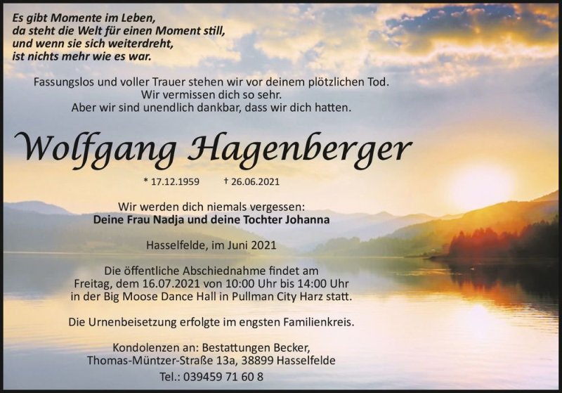  Traueranzeige für Wolfgang Hagenberger  vom 10.07.2021 aus Magdeburger Volksstimme