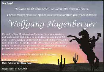 Traueranzeige von Wolfgang Hagenberger  von Magdeburger Volksstimme