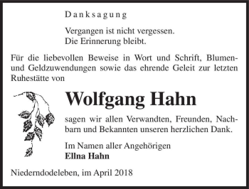 Traueranzeige von Wolfgang Hahn  von Magdeburger Volksstimme