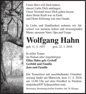 Traueranzeige von Wolfgang Hahn  von Magdeburger Volksstimme