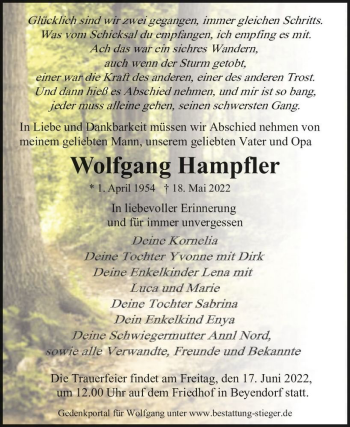 Traueranzeige von Wolfgang Hampfler  von Magdeburger Volksstimme