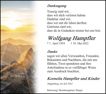 Traueranzeige von Wolfgang Hampfler  von Magdeburger Volksstimme