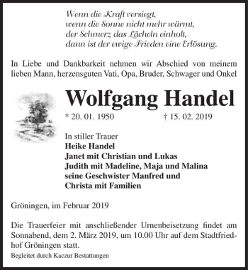 Traueranzeige von Wolfgang Handel  von Magdeburger Volksstimme
