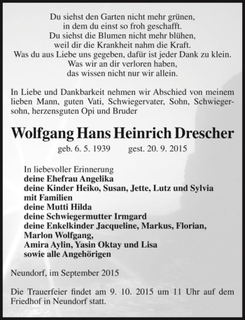 Traueranzeige von Wolfgang Hans Heinrich Drescher  von Magdeburger Volksstimme