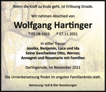 Traueranzeige von Wolfgang Hartinger  von Magdeburger Volksstimme