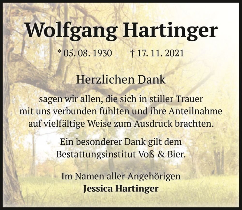  Traueranzeige für Wolfgang Hartinger  vom 11.12.2021 aus Magdeburger Volksstimme