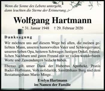 Traueranzeige von Wolfgang Hartmann  von Magdeburger Volksstimme