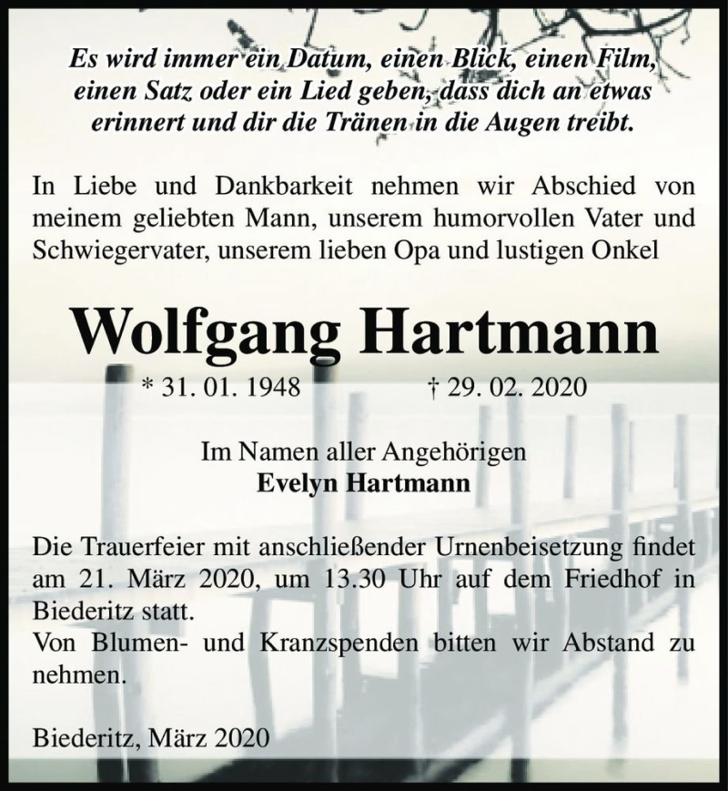  Traueranzeige für Wolfgang Hartmann  vom 07.03.2020 aus Magdeburger Volksstimme
