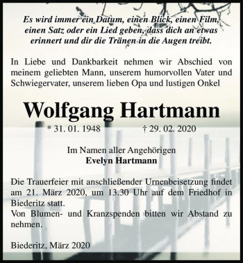 Traueranzeige von Wolfgang Hartmann  von Magdeburger Volksstimme