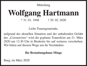 Traueranzeige von Wolfgang Hartmann  von Magdeburger Volksstimme