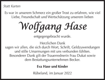 Traueranzeige von Wolfgang Hase  von Magdeburger Volksstimme