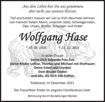 Traueranzeige von Wolfgang Hase  von Magdeburger Volksstimme