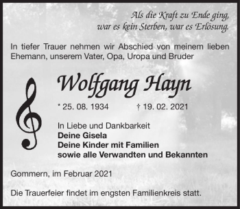 Traueranzeige von Wolfgang Hayn  von Magdeburger Volksstimme