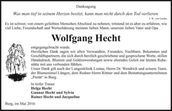 Traueranzeige von Wolfgang Hecht  von Magdeburger Volksstimme