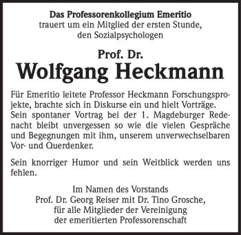 Traueranzeige von Wolfgang Heckmann  von Magdeburger Volksstimme
