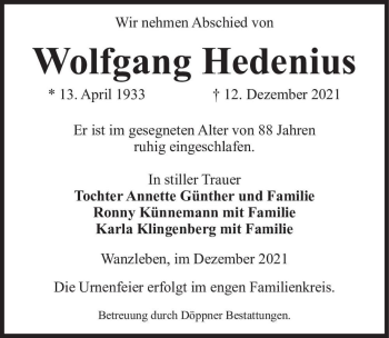 Traueranzeige von Wolfgang Hedenius  von Magdeburger Volksstimme