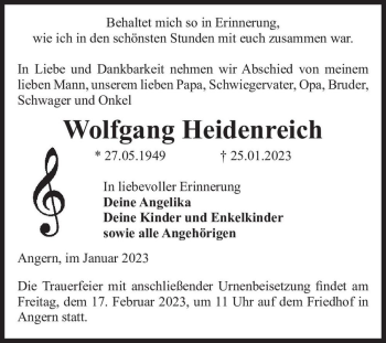 Traueranzeige von Wolfgang Heidenreich  von Magdeburger Volksstimme