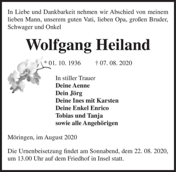 Traueranzeige von Wolfgang Heiland  von Magdeburger Volksstimme