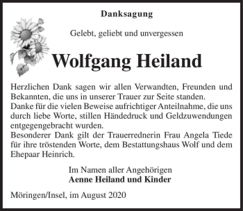 Traueranzeige von Wolfgang Heiland  von Magdeburger Volksstimme