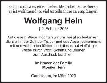 Traueranzeige von Wolfgang Hein  von Magdeburger Volksstimme