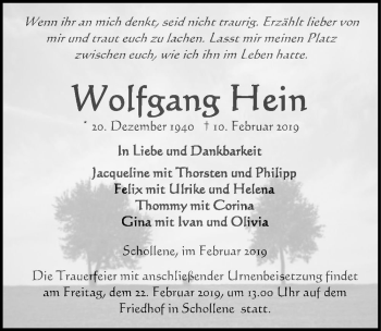 Traueranzeige von Wolfgang Hein  von Magdeburger Volksstimme