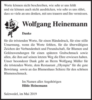 Traueranzeige von Wolfgang Heinemann  von Magdeburger Volksstimme