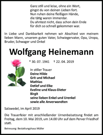 Traueranzeige von Wolfgang Heinemann  von Magdeburger Volksstimme