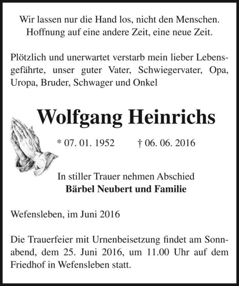  Traueranzeige für Wolfgang Heinrichs  vom 15.06.2016 aus Magdeburger Volksstimme