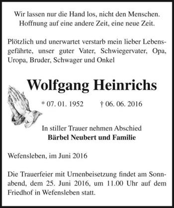 Traueranzeige von Wolfgang Heinrichs  von Magdeburger Volksstimme
