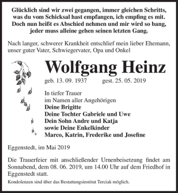 Traueranzeige von Wolfgang Heinz  von Magdeburger Volksstimme