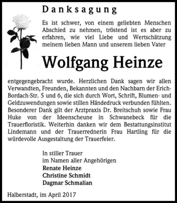 Traueranzeige von Wolfgang Heinze  von Magdeburger Volksstimme