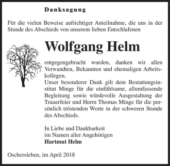 Traueranzeige von Wolfgang Helm  von Magdeburger Volksstimme