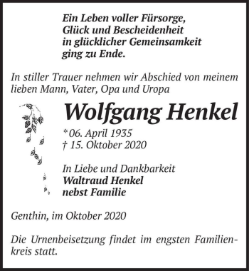 Traueranzeige von Wolfgang Henkel  von Magdeburger Volksstimme