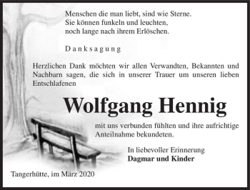 Traueranzeige von Wolfgang Hennig  von Magdeburger Volksstimme
