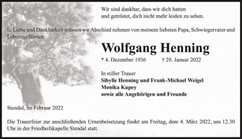 Traueranzeige von Wolfgang Henning  von Magdeburger Volksstimme